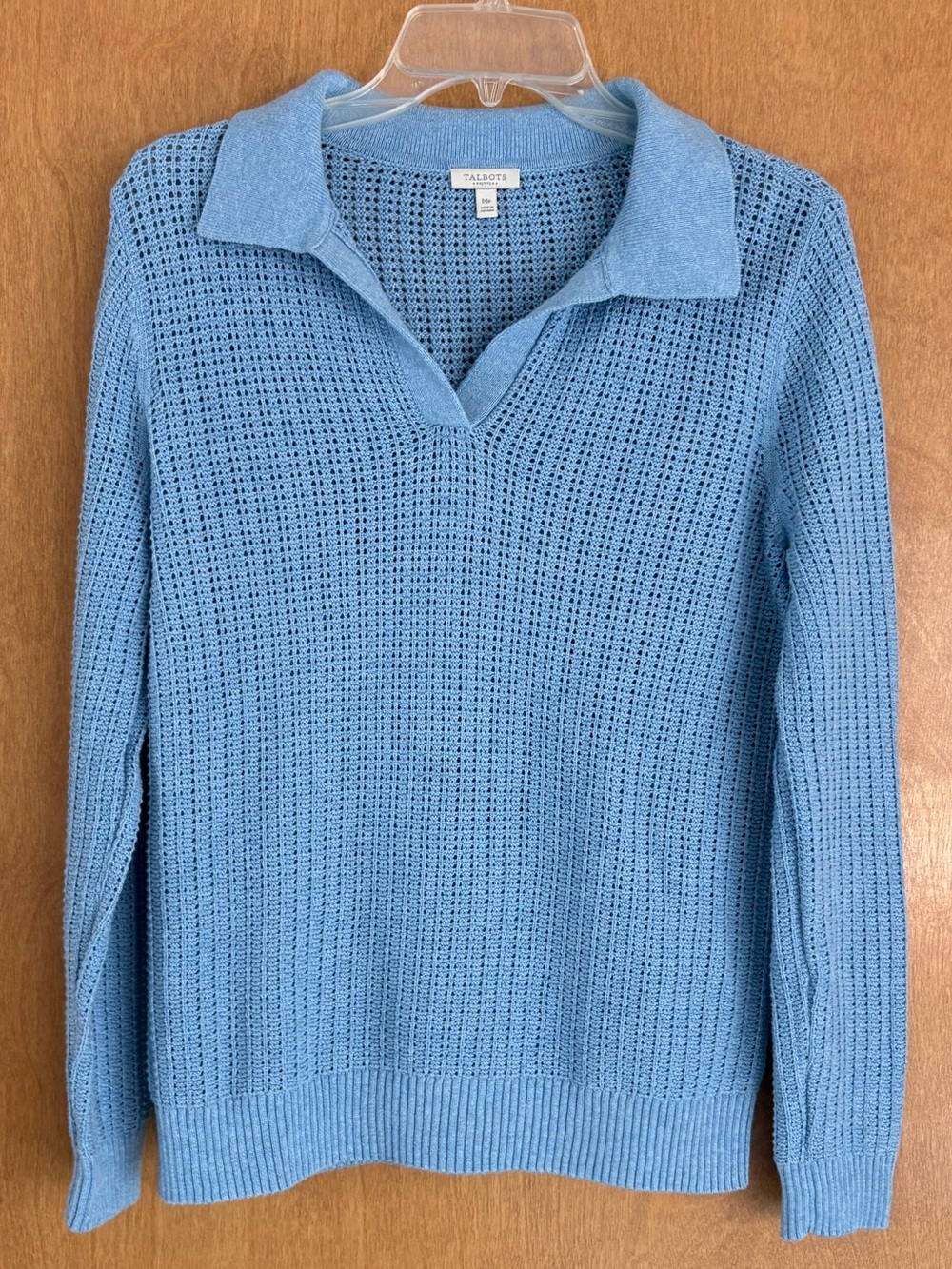 Talbots Collared Open-Knit V-Neck 100% Cotton Women's Sweater Size MP Light Blue
